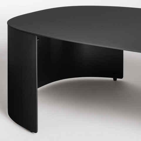 Bug Outdoor Coffee Table by Blu Dot in Oblivion, curved leg and matte aluminum surface detail