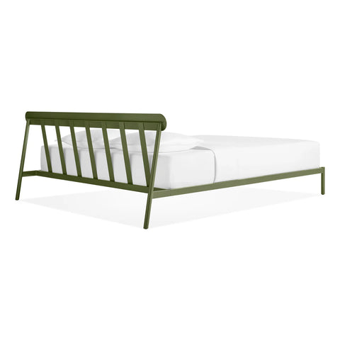 Blu Dot Goodie Bed in Olive green, angled back view showing slatted headboard and slim steel frame.