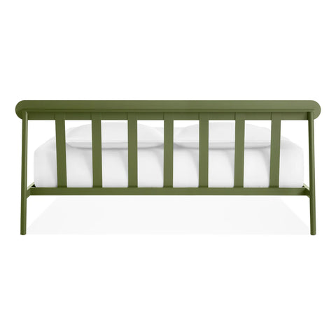 Blu Dot Goodie Bed in Olive green, straight-on back view of the slatted headboard.