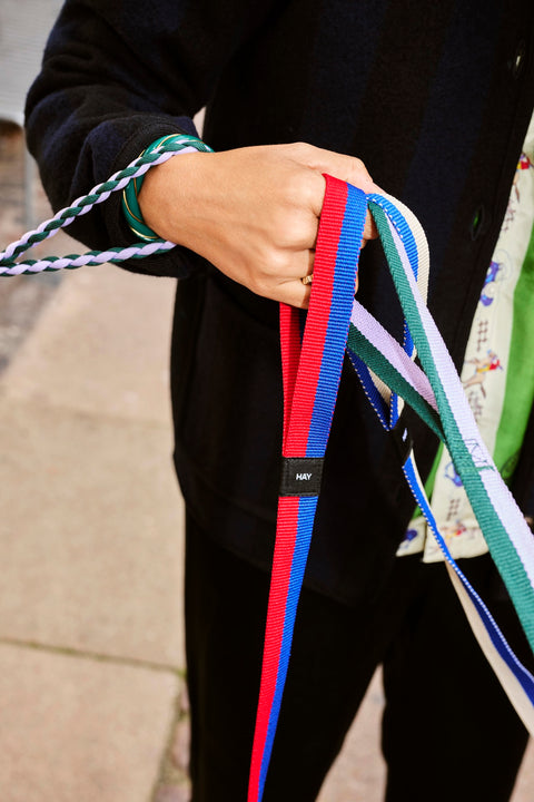 HAY Dog Leash Flat, Red and Blue, M/L, flat woven webbing dog leash, held in a hand with braided lavender and green leashes on a pavement