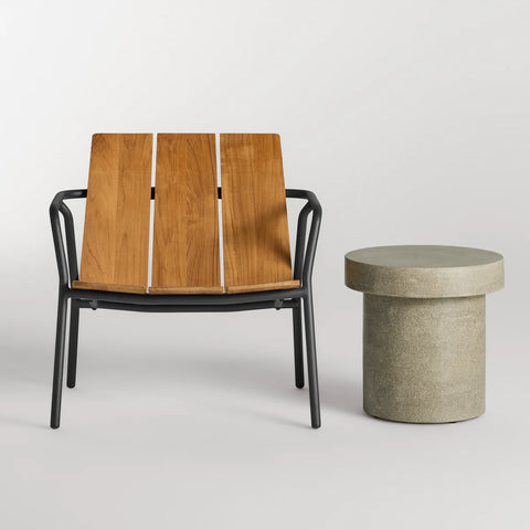 Hunky Dory Side Table by Blu Dot in Mushroom Terrazzo, styled with Offline Outdoor Lounge Chair