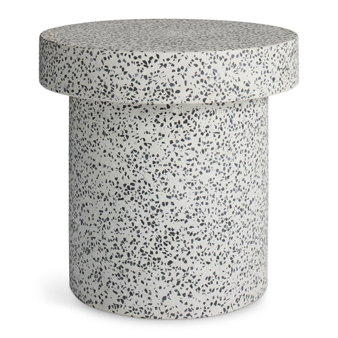 Hunky Dory Side Table by Blu Dot in White Terrazzo, hand-finished cement and stone, front view
