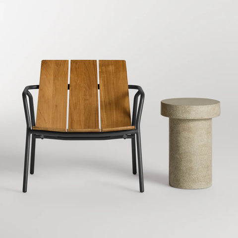 Hunky Dory Tall Side Table by Blu Dot in Mushroom Terrazzo, styled with Dog Days Outdoor Lounge Chair