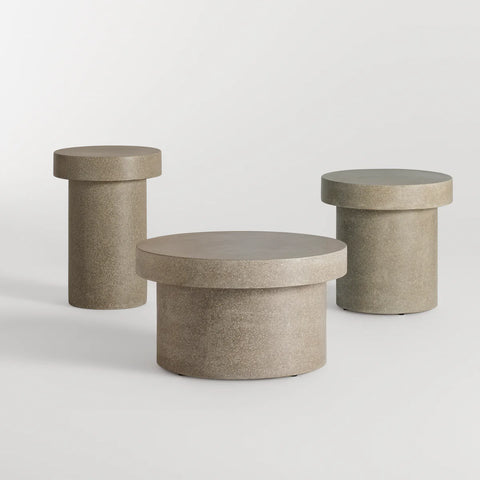 Hunky Dory Tall Side Table, Side Table, and Coffee Table by Blu Dot in Mushroom Terrazzo, grouped view