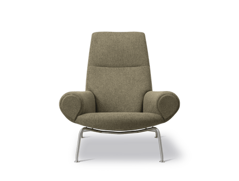Wegner Queen Chair by Fredericia front view in moss green upholstery with brushed steel legs high back lounge chair