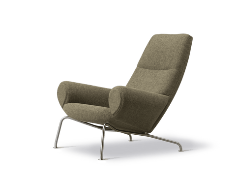 Wegner Queen Chair angled front view moss green fabric brushed steel base modern Danish lounge chair