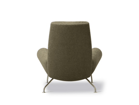 Wegner Queen Chair rear view moss upholstery high back silhouette with polished steel legs