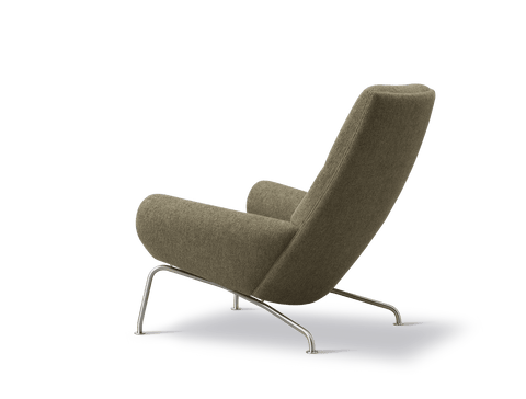 Wegner Queen Chair side profile moss green fabric sculpted back and rolled arms on steel frame