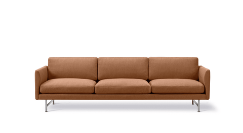 Studio front view of Calmo 3 Seater in terracotta fabric with matte chrome legs