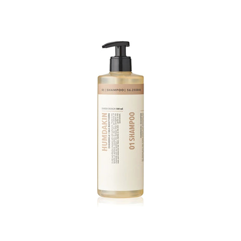 Humdakin 01 Shampoo, Chamomile & Sea Buckthorn, hair shampoo, 500 ml pump bottle on white background