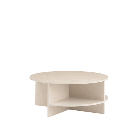 Muuto Halves Coffee Table in light taupe terrazzo by MSDS Studio featuring round top and architectural open storage shelf