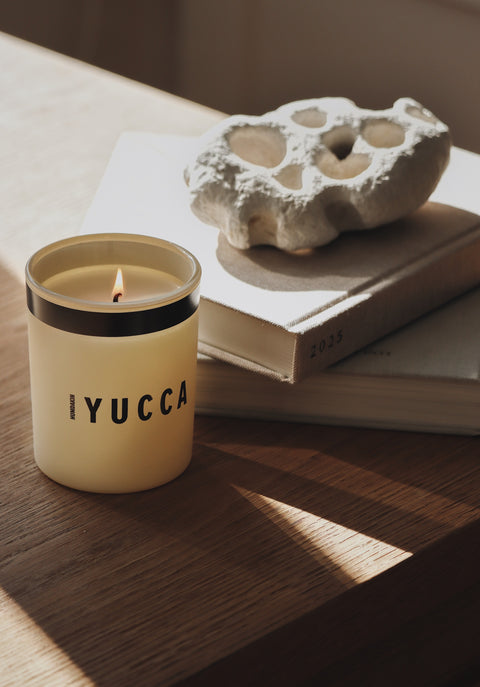 Humdakin Scented Candle, Yucca, scented candle in a glass, standing on a book on a sunlit windowsill