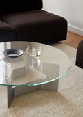 Detail of the JG Coffee Table glass top and brushed aluminum base Scandinavian design