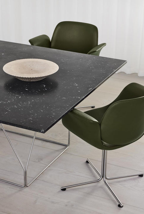 Olive leather Flamingo Chairs by Fredericia with black marble JG Table, modern Scandinavian dining room setting