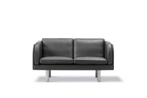 Front view of Fredericia JG Sofa 2 seater in black leather on stainless steel legs