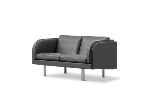 Fredericia JG Sofa 2 seater in black leather with stainless steel legs, angled view