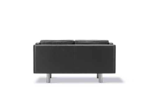 Back view of Fredericia JG Sofa 2 seater in black leather on stainless legs