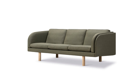 JG Sofa 3 seater in Fiord 961 olive fabric with oak legs, three quarter front view, timeless Scandinavian design