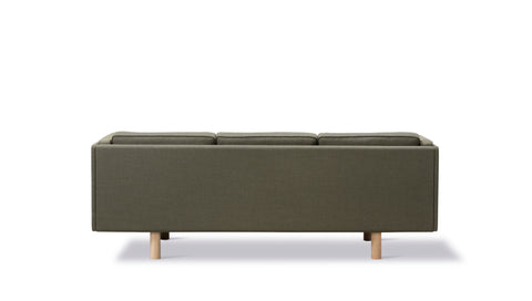 Rear view of JG Sofa 3 seater in olive Fiord 961 upholstery with solid oak legs, Danish design by Fredericia