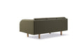 Three quarter rear view of JG Sofa 3 seater in olive fabric on oak legs with rounded arms, Scandinavian modern couch
