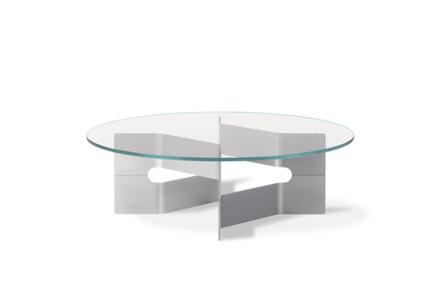 Side view of the Fredericia JG Coffee Table round glass coffee table brushed aluminum base