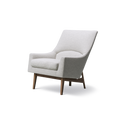 Three quarter view of Jens Risom Lounge Chair 6540 by Fredericia in light grey fabric with walnut base
