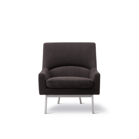 Fredericia A Chair by Jens Risom front view in textured charcoal upholstery with brushed steel legs, modern Scandinavian lounge chair