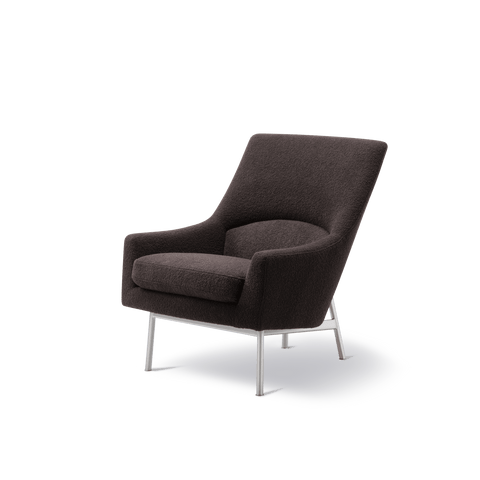 Fredericia A Chair three quarter front angle in charcoal fabric with brushed steel base, Danish modern lounge seating