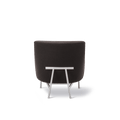Fredericia A Chair back view showing signature T bar steel support with charcoal upholstery, Danish modern lounge chair