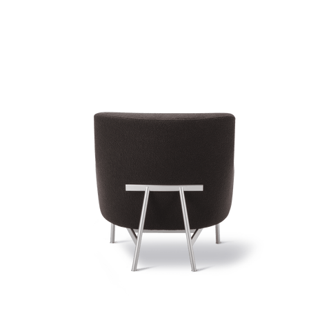 Fredericia A Chair back view showing signature T bar steel support with charcoal upholstery, Danish modern lounge chair