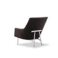 Fredericia A Chair three quarter rear angle in charcoal fabric with brushed steel frame, Scandinavian modern lounge chair