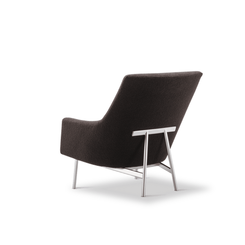 Fredericia A Chair three quarter rear angle in charcoal fabric with brushed steel frame, Scandinavian modern lounge chair