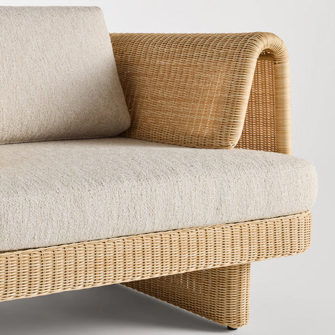 Loophole Outdoor 3 Seat Sofa by Blu Dot, all-weather rattan arm and Sunbrella Stucco cushion detail