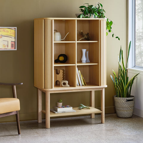 modern tambour cabinet in vintage oak designed by gus modern