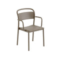 Muuto Linear Steel Armchair in taupe, modern Scandinavian outdoor dining chair with armrests