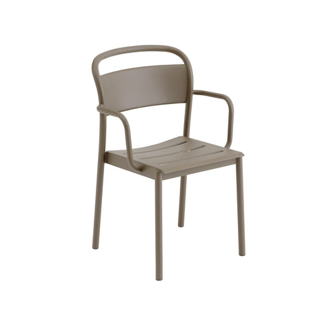Muuto Linear Steel Armchair in taupe, modern Scandinavian outdoor dining chair with armrests