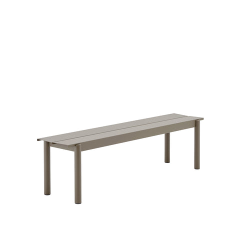 Muuto Linear Steel Bench 170 cm in taupe, minimalist Scandinavian steel bench for outdoor dining