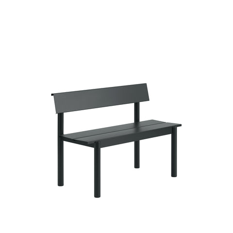 Muuto Linear Steel Bench with Backrest in black powder coated steel, modern outdoor bench design