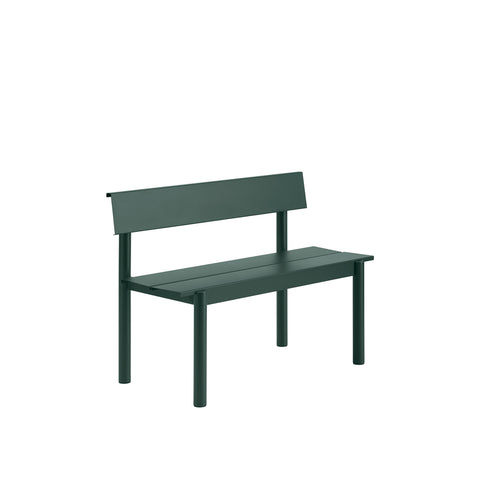 Muuto Linear Steel Bench with Backrest in dark green powder coated steel, minimalist outdoor bench