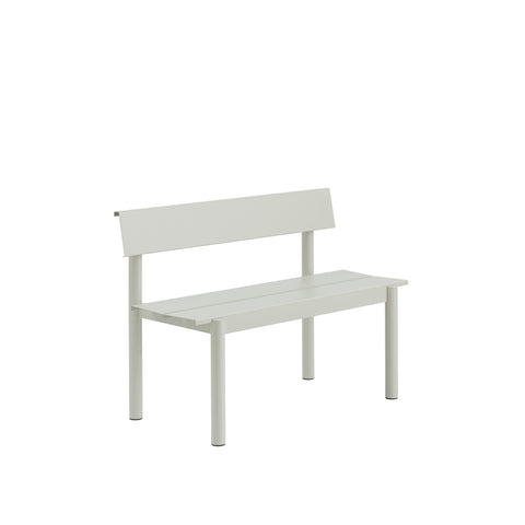 Muuto Linear Steel Bench with Backrest in grey powder coated steel, Scandinavian outdoor bench
