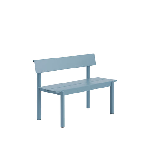 Muuto Linear Steel Bench with Backrest in pale blue powder coated steel, modern patio bench