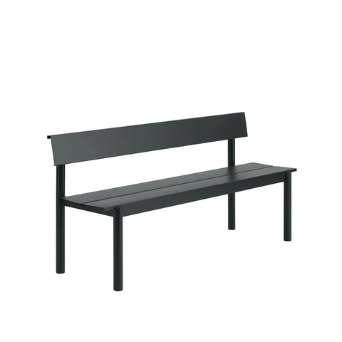 Muuto Linear Steel Bench with Backrest 170 cm in black powder coated steel, modern outdoor bench