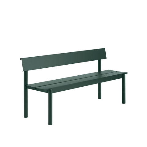 Muuto Linear Steel Bench with Backrest 170 cm in dark green powder coated steel, minimalist patio bench