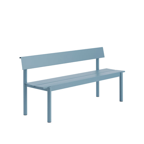 Muuto Linear Steel Bench with Backrest 170 cm in pale blue powder coated steel, modern steel garden bench