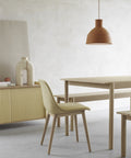 linear oak wood dining table and fiber dining chair by muuto