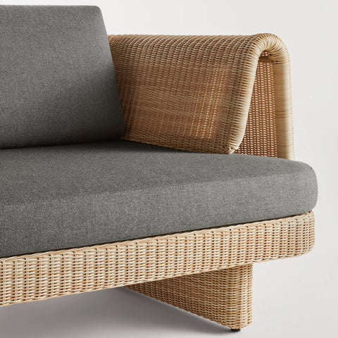 Loophole Outdoor Lounge Chair by Blu Dot, all-weather rattan arm detail with Toohey Charcoal Sunbrella cushion