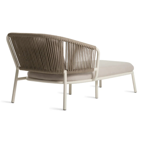 Mate Outdoor Sun Lounger by Blu Dot in Sunbrella Linen with white aluminum frame, rear three-quarter view