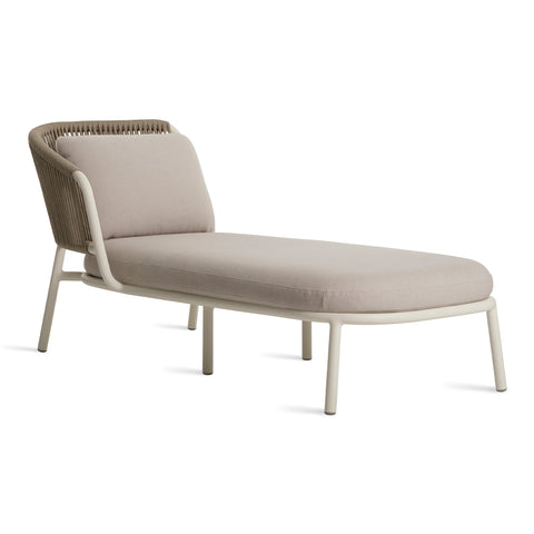 Mate Outdoor Sun Lounger by Blu Dot in Sunbrella Linen with all-weather rope back and cushion, side view