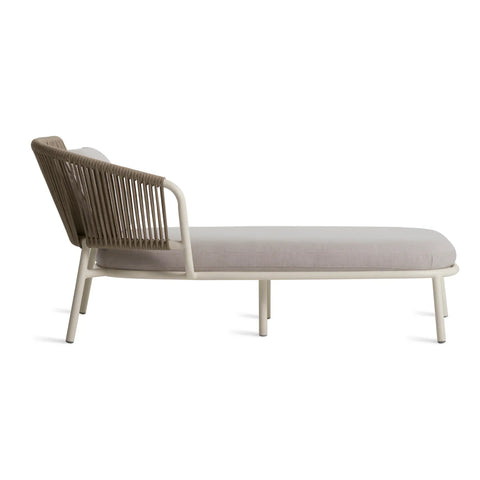 Mate Outdoor Sun Lounger by Blu Dot in Sunbrella Linen with white aluminum frame, side view