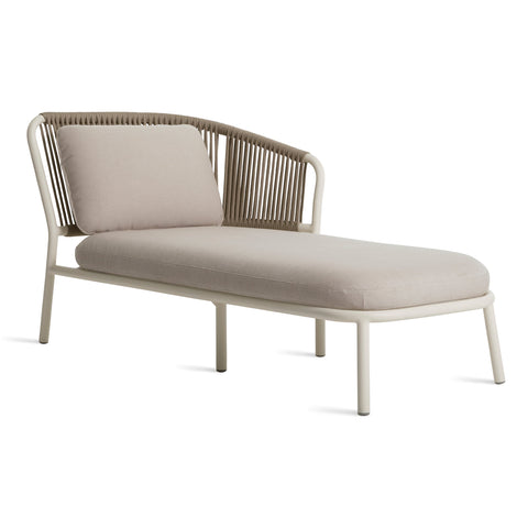 Mate Outdoor Sun Lounger by Blu Dot in white powder-coated aluminum with all-weather rope back and Sunbrella Linen cushion, side view